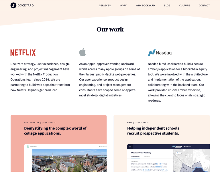 Dockyard "Our work" page